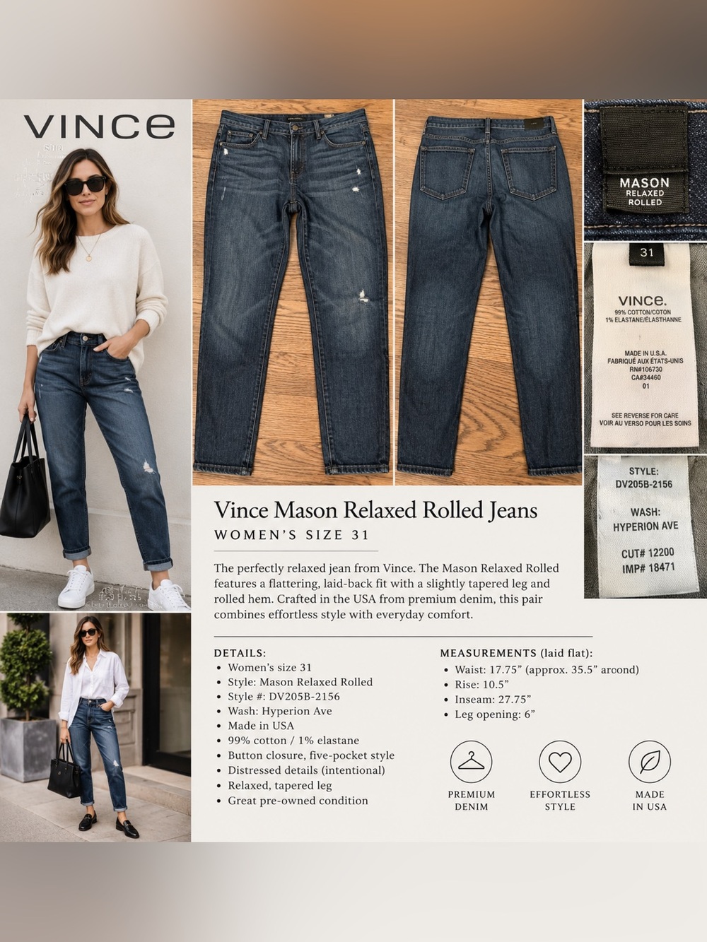 Vince Mason Relaxed Rolled Jeans Women’s 31 Hyperion Ave Distressed